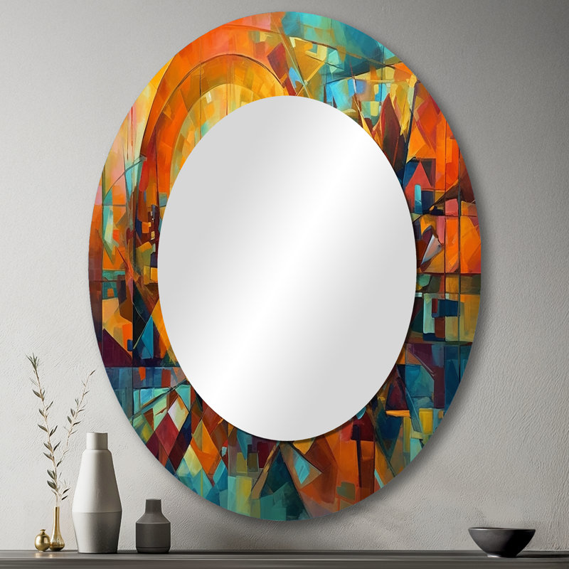 Abstrait The Cubist Form I - Miroir mural ovale moderne orange, 43 po x 33 po