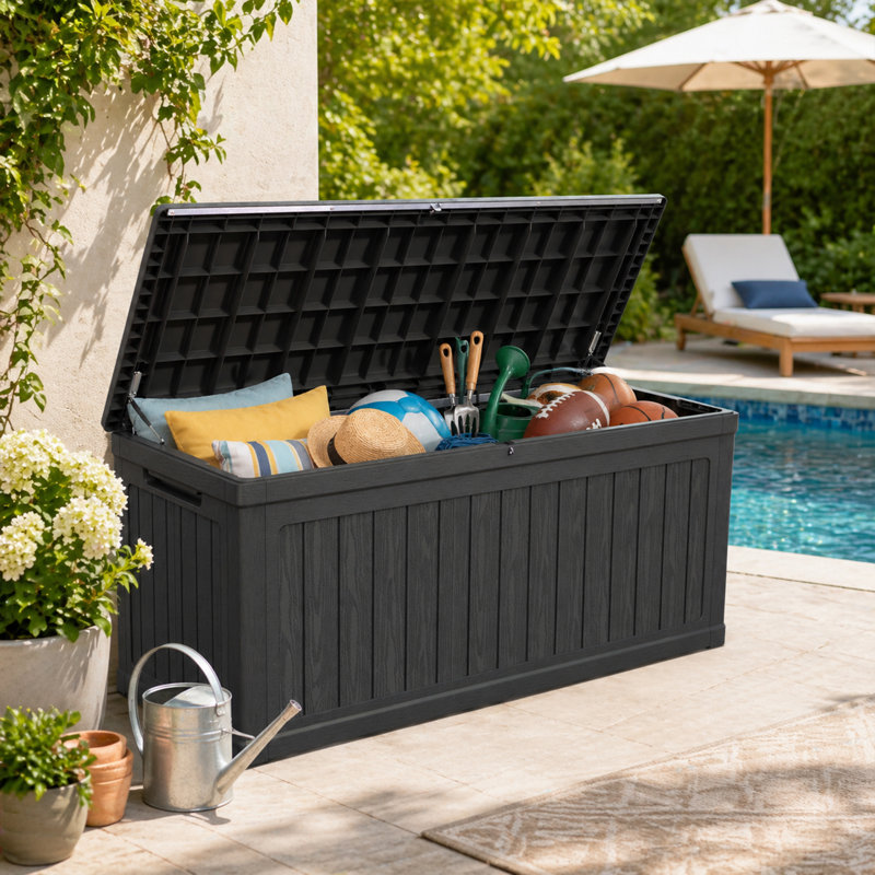 Boîte de terrasse en résine de 260 gallons noire verrouillable et imperméable pour les coussins de patio