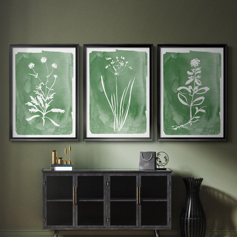 Green Botanical I - Toile tendue avec châssis sur mesure - 3 pièces, H 27 po x l 39 po, Noir