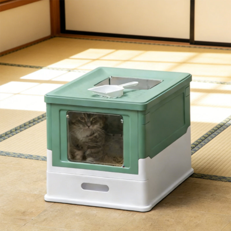 Bac à litière pliable pour chat avec couvercle, résistant aux odeurs avec sortie par le haut et entrée frontale, comprend un tiroir et une pelle à tiroir coulissant, pot à chat portable, vert