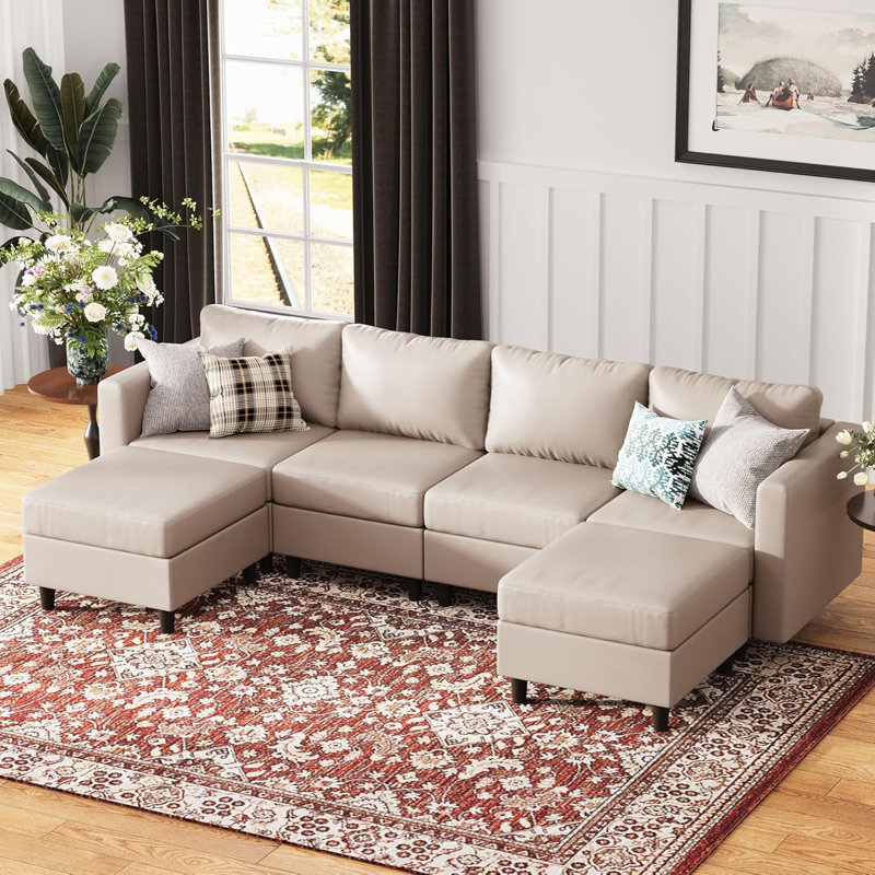 6-Piece 118.5'' Reversible Modern L-Shape Sectional Sofa With Storage Seat- Faux Leather-Light Gray, Light Gray Faux Leather