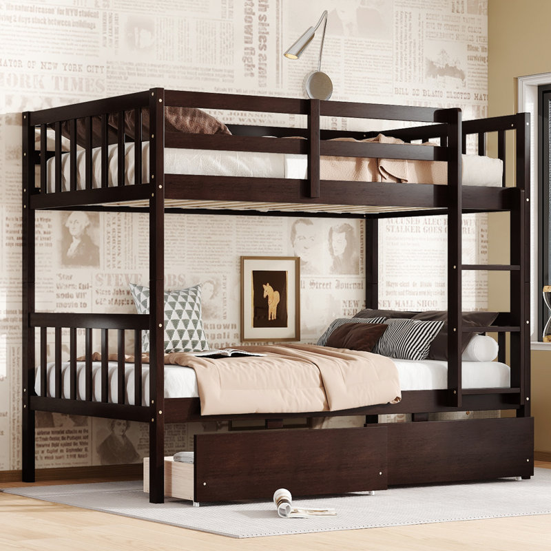 Rubber Wood Bunk Bed with Drawers, Ladder, and Guardrails, Espresso, Twin XL
