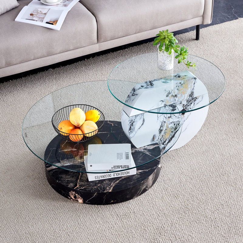Table basse à deux niveaux avec plateau en verre Varese, H 17 po x l 42 po x P 31,5 po, Clair, Noir / blanc