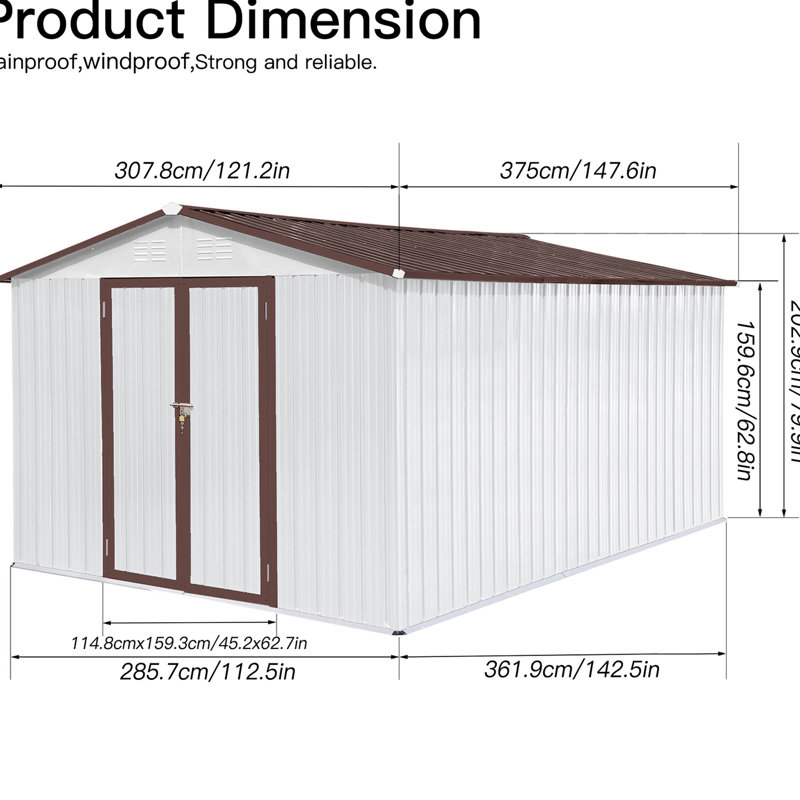Remise en métal pour jardins 10 pi x 12 pi - et sécurité pour jardin 10 pi x 12 pi - avec revêtement, Blanc / Brun foncé