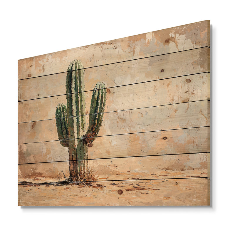 Cactus In The Desert II - Floral Cactus Wood Wall Art - On Natural Pine Wood, 30" H x 40" W x 0.78" D