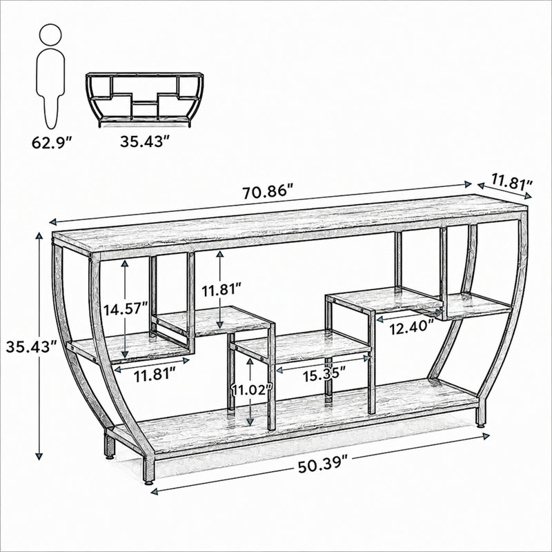 Console industrielle, table d'entrée de 70,9 pouces avec étagères, Black, Black