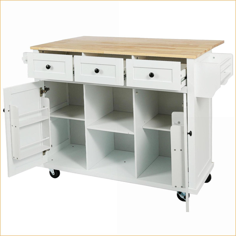 Chariot pour îlot de cuisine avec abattant en bois d'hévéa, armoires de rangement et amp; 3 tiroirs, roulettes - blanc | Faux bois