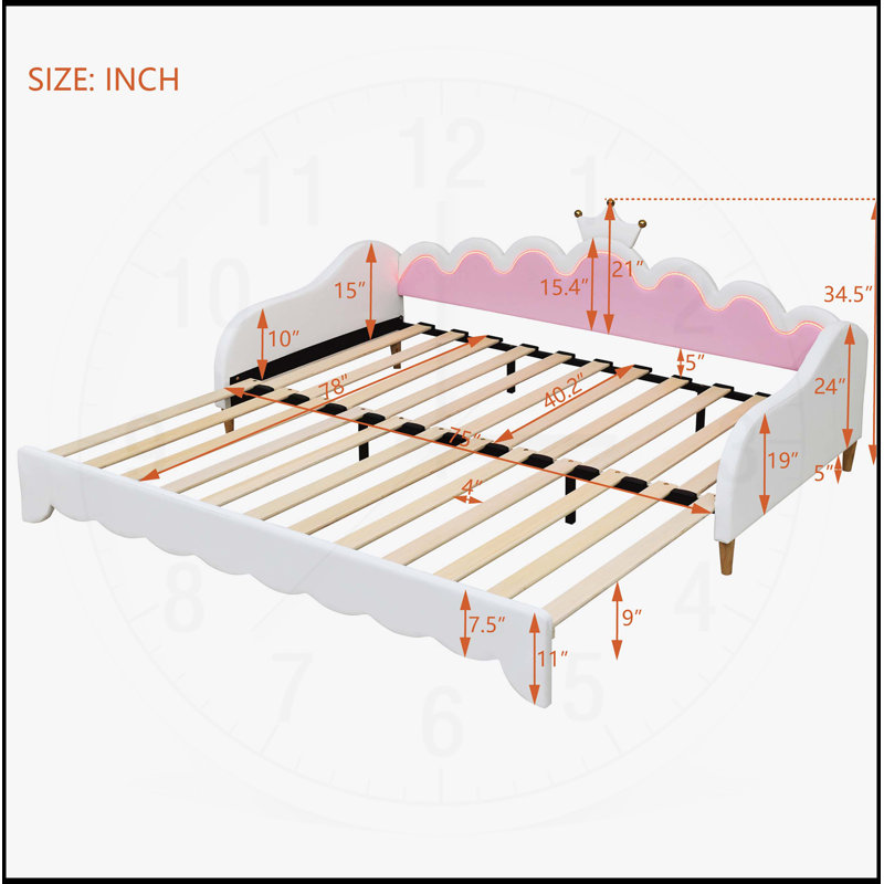Modern Upholstered Extendable Princess Daybed with Crown Headboard and LED Lights, Perfect for Girls' Rooms and Guest Spaces