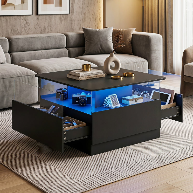 Modern Living Room Set, LED TV Stand & Square Coffee Table Combo, Black