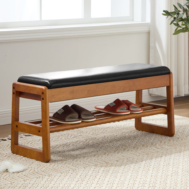 Stylish Upholstered Faux Leather Shoe Bench with Storage, 15.7" H x 39.3" W x 13" D, Black