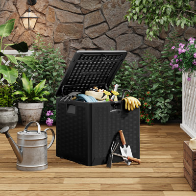 Boîte de rangement d'extérieur compacte 28 gal, contenant résistant aux intempéries en résine brune 30 gal, petit bac durable pour la terrasse, le jardin et la piscine