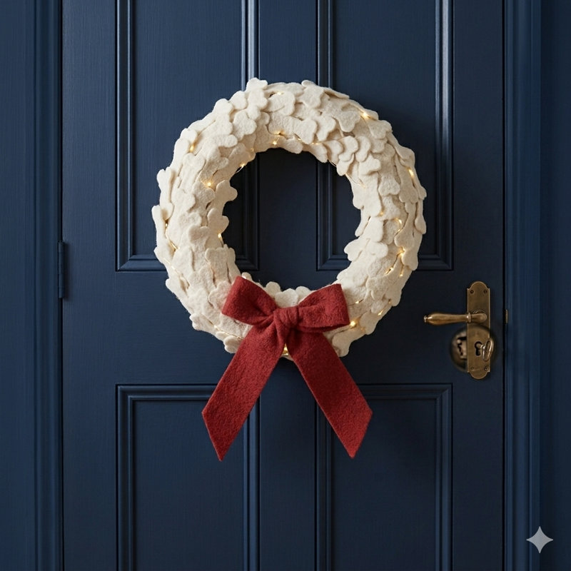 Handmade Hand Felted Wool Wreath - Dog Bones With Red Bow - 14"