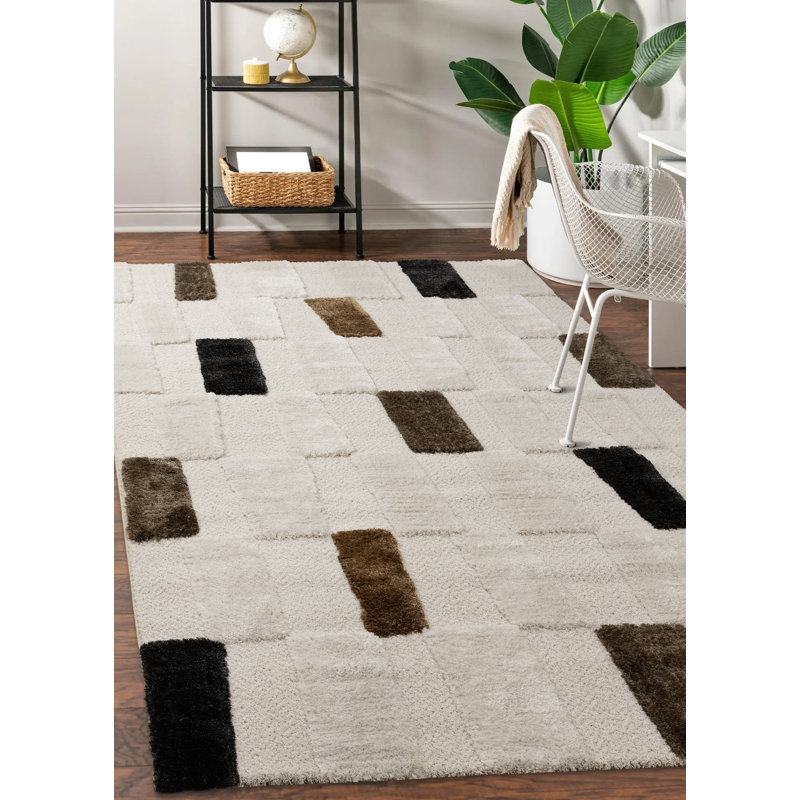 Tapis luxueux à motif géométrique brun ivoire luxueux, Rectangle 5 pi 3 po x 7 pi 7 po