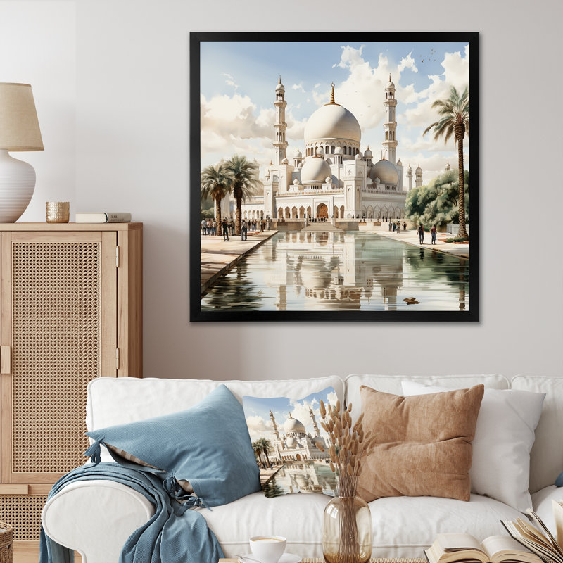 «White Elegance Sheik Zayed Mosque II» - art mural blanc, H 16 po x l 16 po x P 1 po, Cadre simple noir