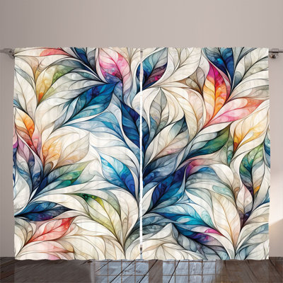 Ambesonne Curtains 2 Panel Set, Fantasy Leaves Huddle Art, Aqua Beige Multicolor -  p_sd1705_108x96