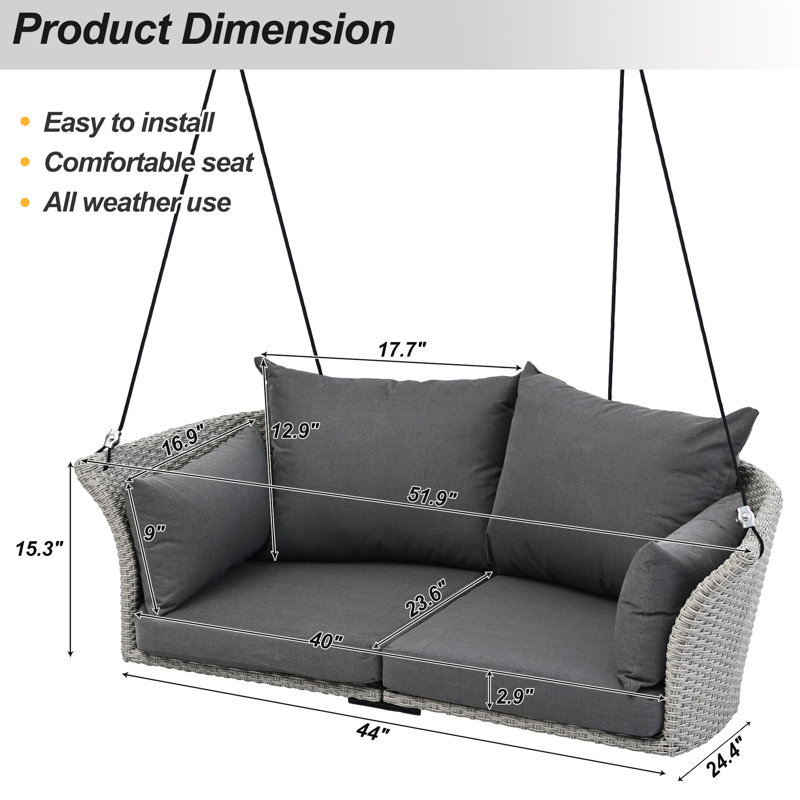 2 balançoires extérieures, tissées, coussin imperméable, siège de balançoire de patio, tissé gris avec coussin et coussins