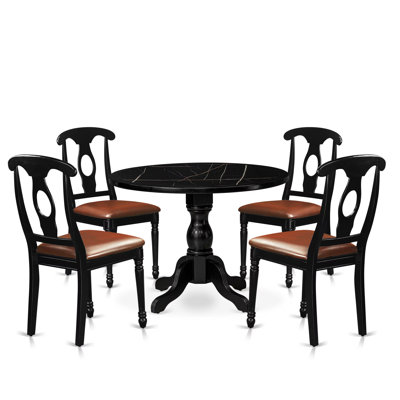 L'ensemble de salle à manger 5 pièces se compose d'une table ronde et de 4 chaises de salle à manger modernes en similicuir avec dossier Naponeon - Noir brossé