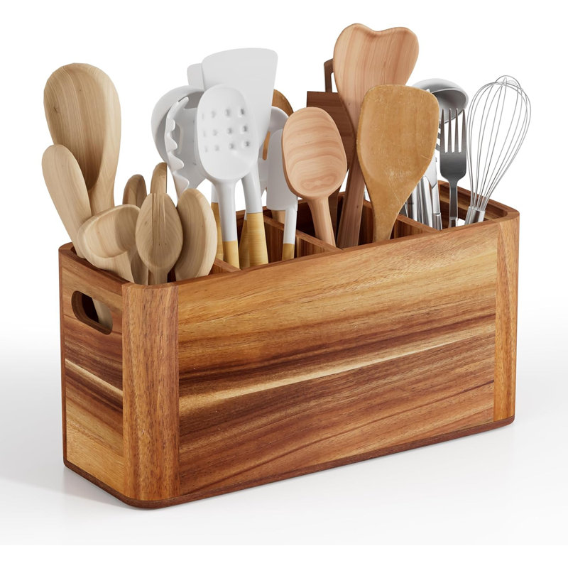 Wood Utensil Holder For Kitchen Counter, Extra Large 4-Compartment Countertop Organizer For Spatulas And Cooking Tools Storage
