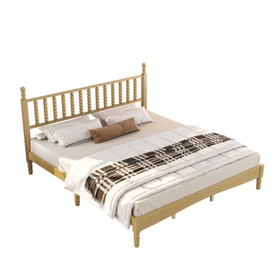 King Size Wood Platform Bed with Gourd Shaped Headboard,Retro Style Platform Bed with Wooden Slat Support,Natural