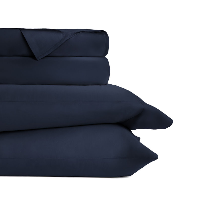 Ensemble de draps 100% rayonne de bambou soyeux, Ensemble de draps pour grand lit avec 2 taies d'or, Bleu marine