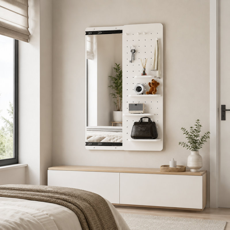 Miroir mural multifonctionnel pleine longueur, panneau coulissant, 47,6 po L x 15,7 po l, blanc, gain de place, pour chambre, salon et entrée