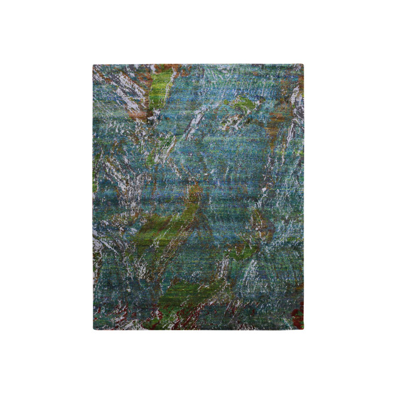 Tapis en laine sari noué à la main 8 pi x 9 pi 10 po Aqua Oceanic