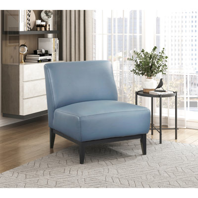 Fauteuil de chambre en cuir bleu avec pieds en bois massif, mousse à haute densité, fauteuil confortable de style contemporain pour le salon, coussins de siège attachés, contreplaqué et bois, espace principal