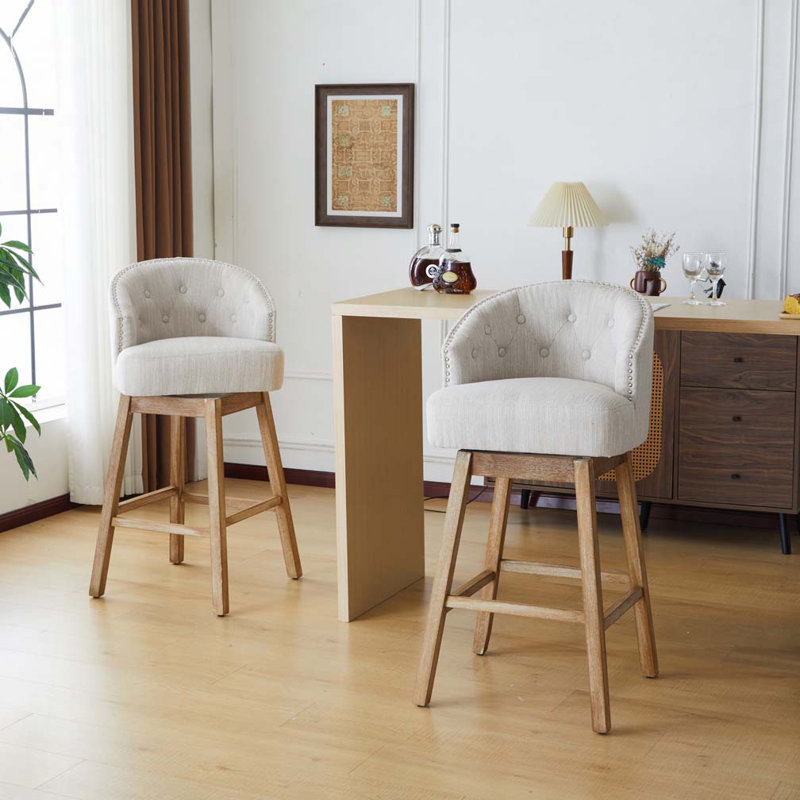 Tabourets de comptoir pivotants 33,25 po avec structure en bois d'hévéa massif, Beige