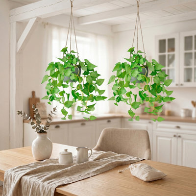 Ensemble de 2 plantes suspendues artificielles panachées avec pot de ciment, fausse vigne de lierre avec support en corde de jute