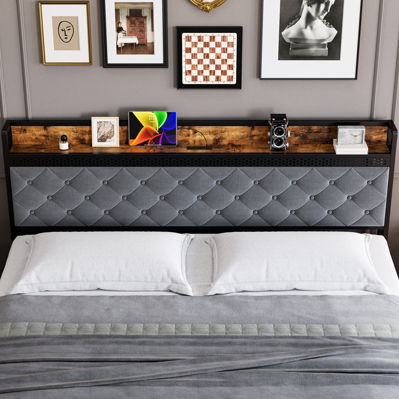 Danitra Upholstered Metal Slat Storage Bed, King, Dark Gray/Black