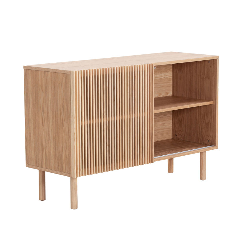 Armoire de table d'appoint moderne à 4 armoires, meuble télé, construction basculante, buffet généreux à finition noyer avec armoires, espace, dispositif de sécurité