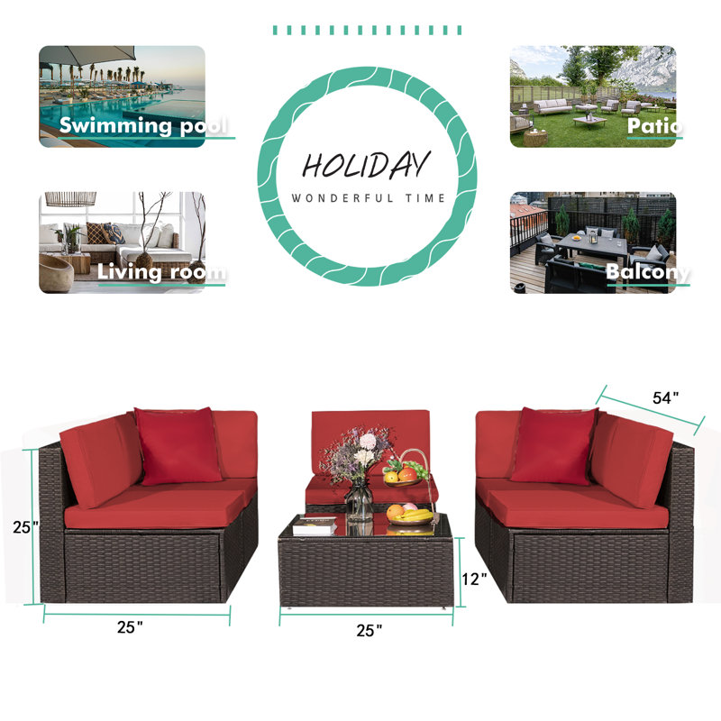 Ensemble de conversation modulaire en rotin 6 pièces avec coussins Batton, Rouge