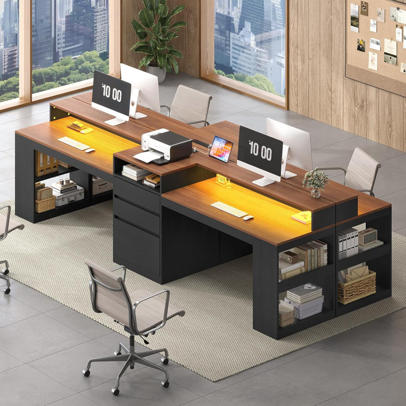 96.6" Two Person Desk With Led Lights And Power Outlet, Double Computer Desk With 3 Drawers, Extra Long Writing Desk Workstation With File Drawer For Home Office, Black