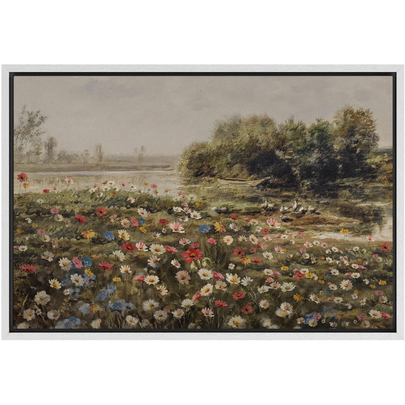 Illustration de paysage pastorale rétro dans un pré coloré au bord de l'eau, paysage pastoral, H 36 po x l 24 po, Blanc