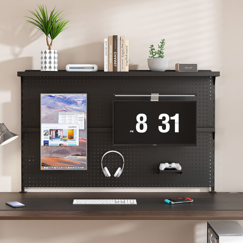  Organisateur de bureau perforé en métal, support pour écran double avec panneau d'intimité, support de rangement pour bureau de jeu, noir