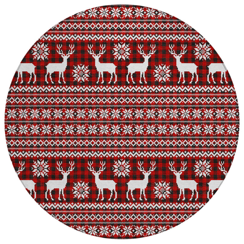 Machine Washable Indoor/Outdoor Christmas Reindeers Xhevrie Red Rug, Round 8'