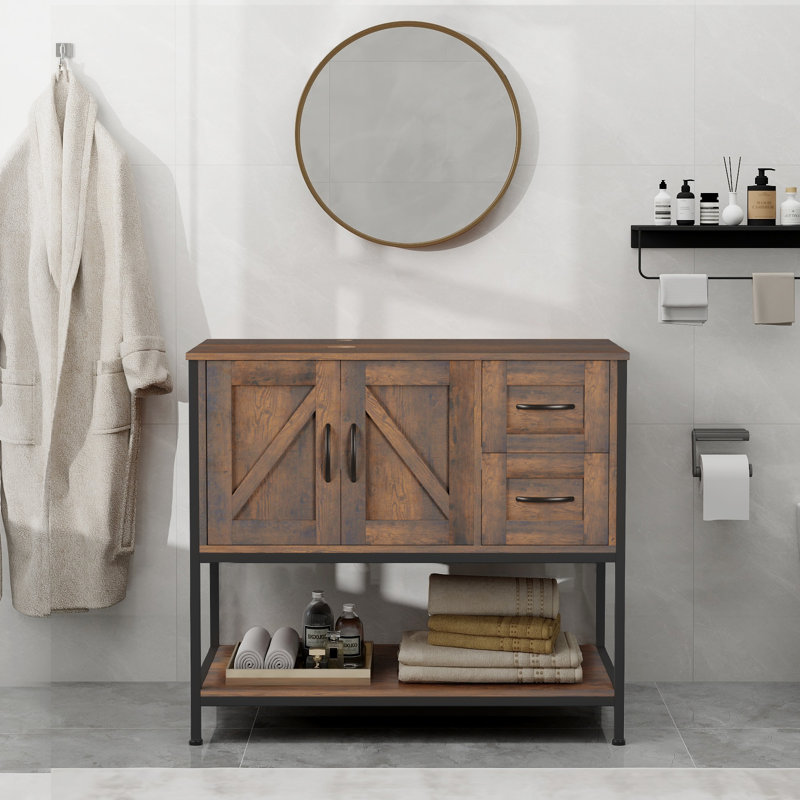 Meuble-lavabo autoportant de style campagnard avec rangement, 36"