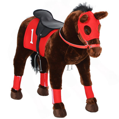 Qaba Ride on Horse for  3-8 Years Old, Toddlers Race Horse with Neighing Sound, Ride on Animal Pony Toy with Saddle & Stirrups, Brown