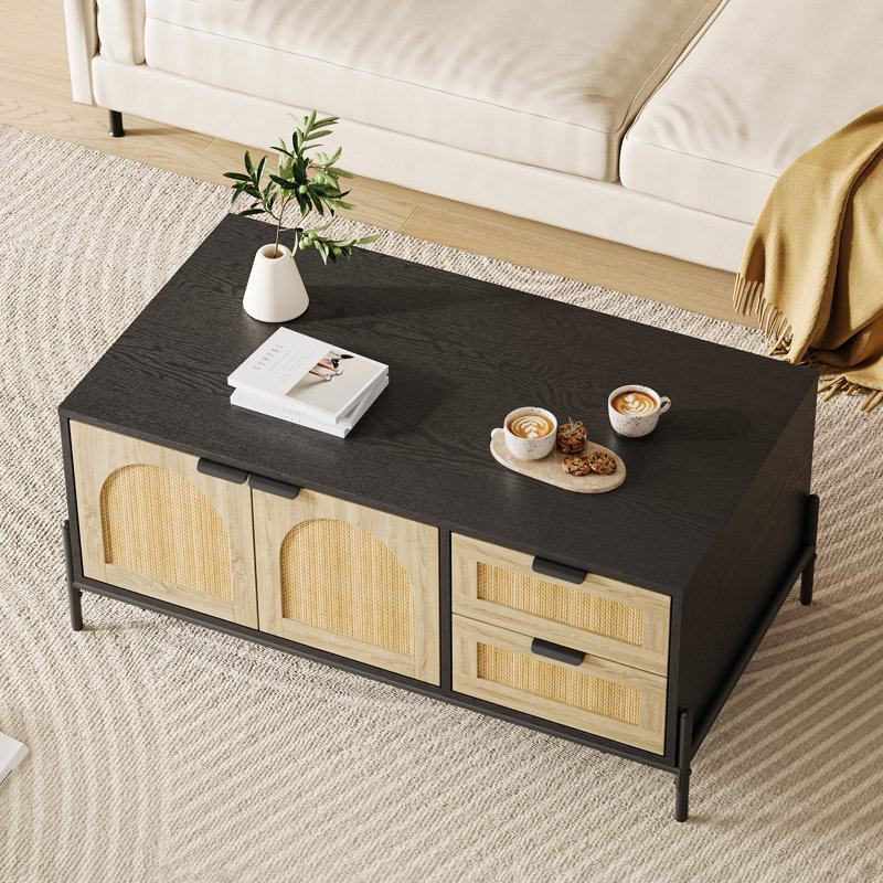 Table de bout rectangulaire en rotin de 40 po avec plateau en métal noir et chêne