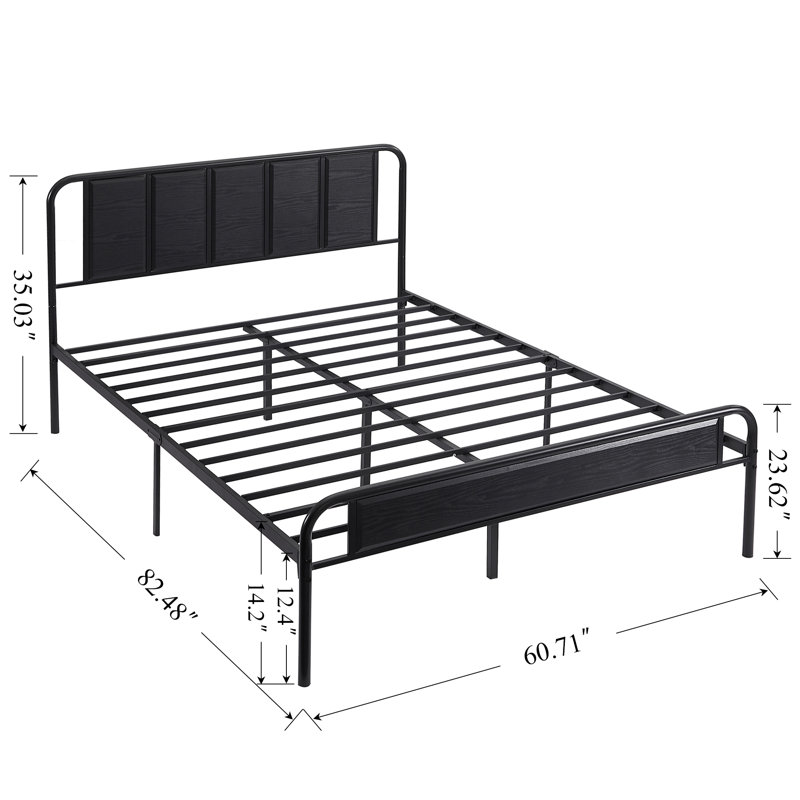 Structure de lit grand Kempst avec tête et pied de lit en bois, grand lit plateforme industriel en métal rustique avec support à lattes robustes, sans sommier tapissier, noir