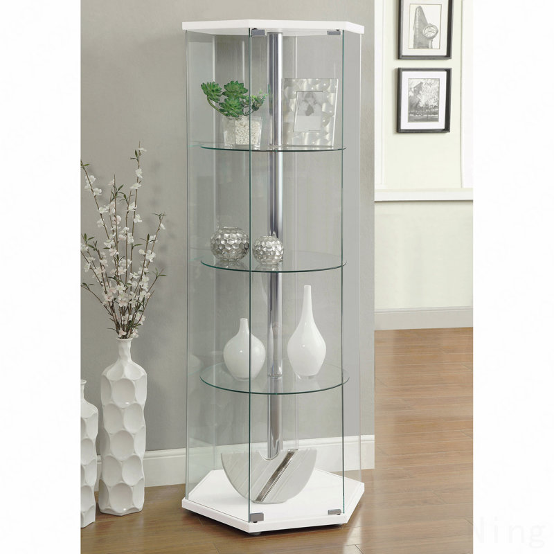 4-Shelf Hexagonal Clear Glass Curio Cabinet, White