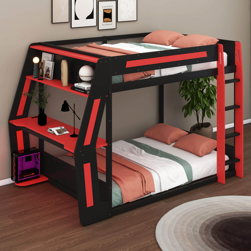Lit superposé double avec bureau RVB surdimensionné monté sur le côté, lit superposé en bois avec ports de charge, cadre de jeu pour les adolescents