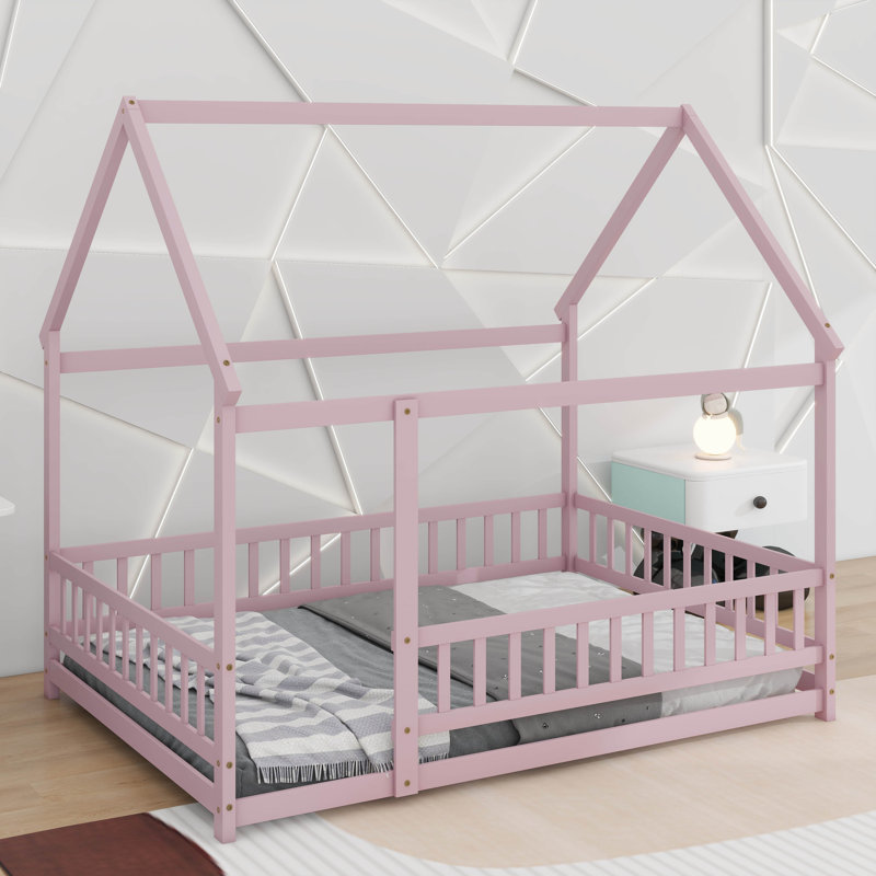 Lit en bois avec structure de toit House House, Double, Rose