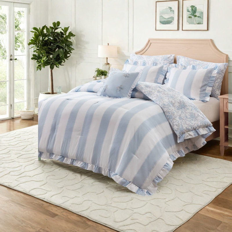 Ensemble de literie bleu pour lit simple/simple XL, couette à volants en microfibre, motif toile romantique