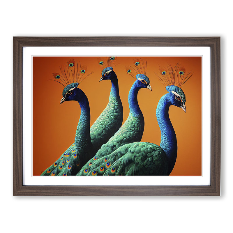 Four Peacocks - Single Picture Frame Print, 34cm H x 46cm W x 2cm D, Walnut Framed