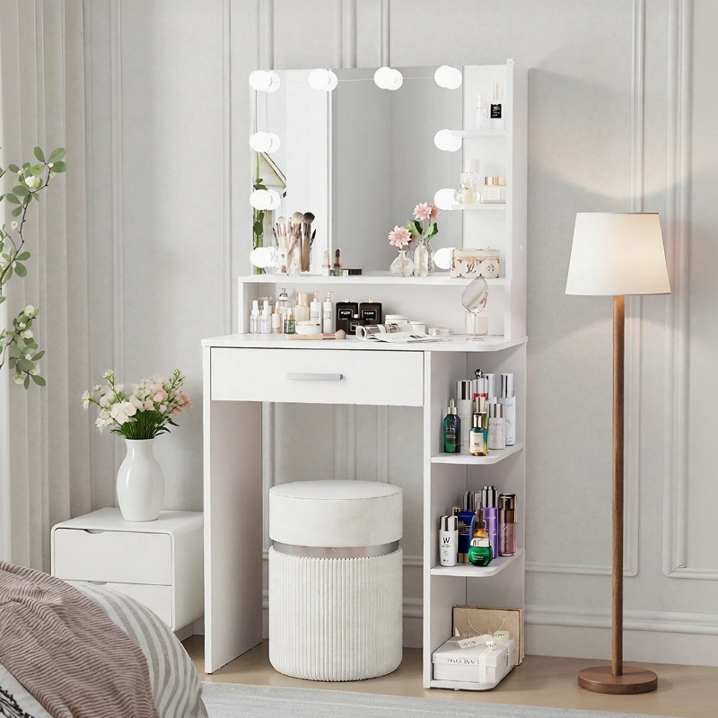 Coiffeuse en bois manufacturé avec miroir à DEL et tablettes de rangement , Blanc