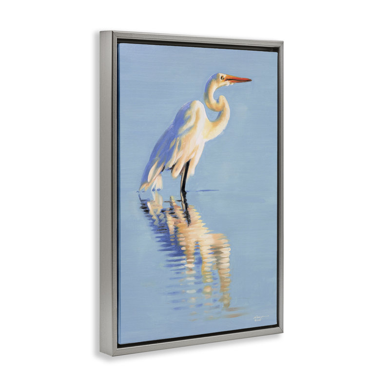 Toile «Blue Egret Reflection» par D. Rust, Cadre flottant gris lustré, H 25 po x l 17 po