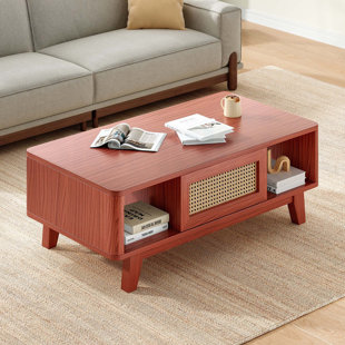 Coffee Table, Mid Century Living Room Tables with Storage, Modern Square with Rattan Drawer, Wooden Living Room Table with Solid Wood Leg