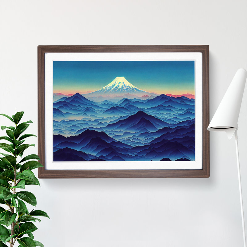 Flowing Japanese Mountains - Single Picture Frame Print, 46cm H x 64cm W x 2cm D, Walnut