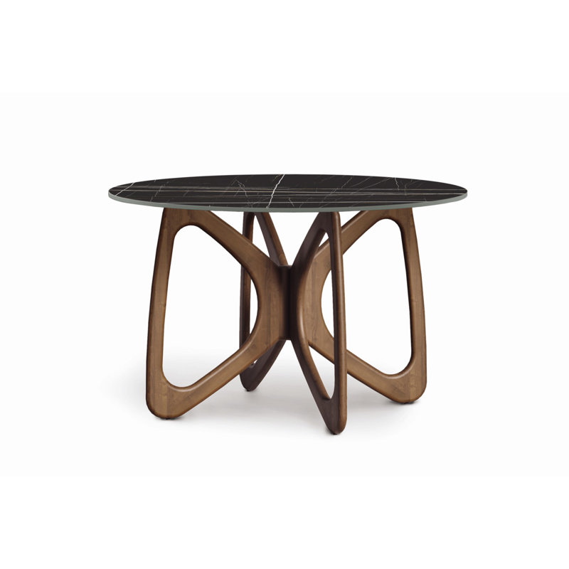 Butterfly Round Dining Table, Black, 30"H x 48"L x 48"W, Natural Walnut